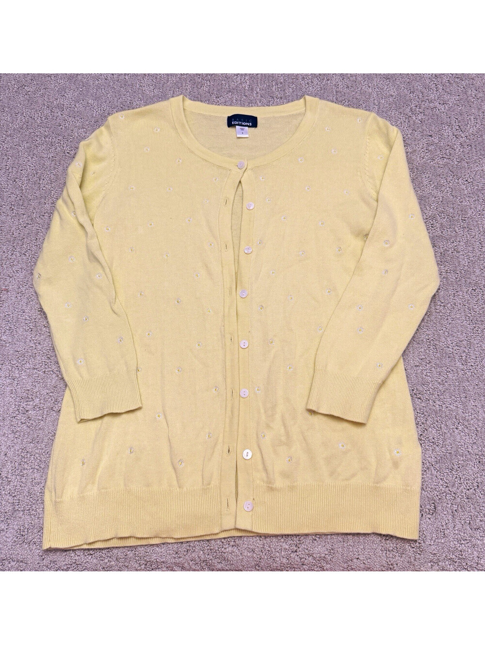 Basic Editions Daisy Yellow Floral Knit Button-Front Cardigan Sweater Women S